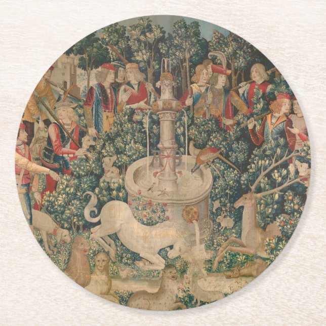 The Unicorn is Found, Medieval Tapestry Round Paper Coaster (Front)