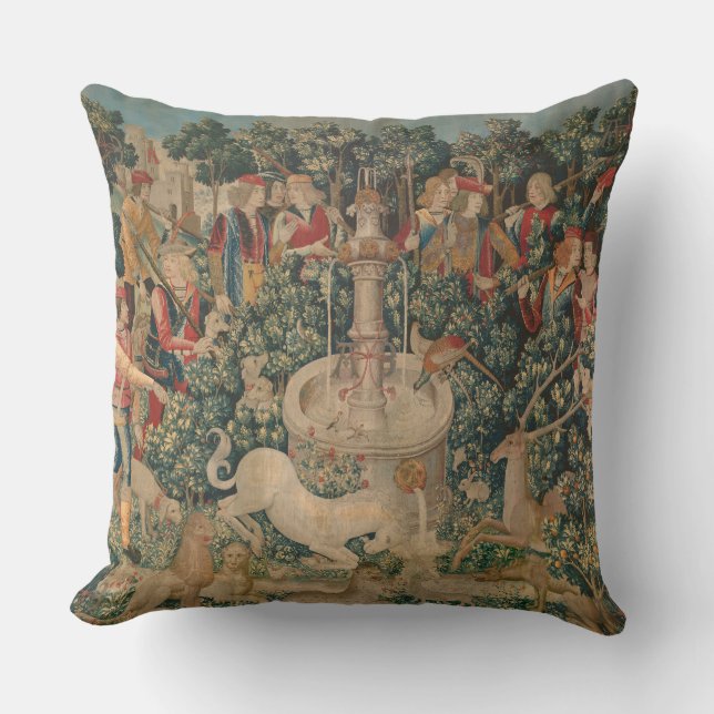 The Unicorn is Found, Medieval Tapestry Throw Pillow (Front)