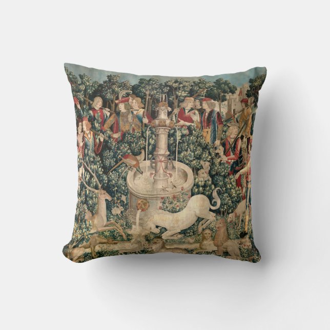 The Unicorn Medieval Tapestry Throw Pillow (Front)