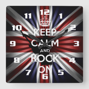 The union Jack and Keep calm and Rock On Square Wall Clock