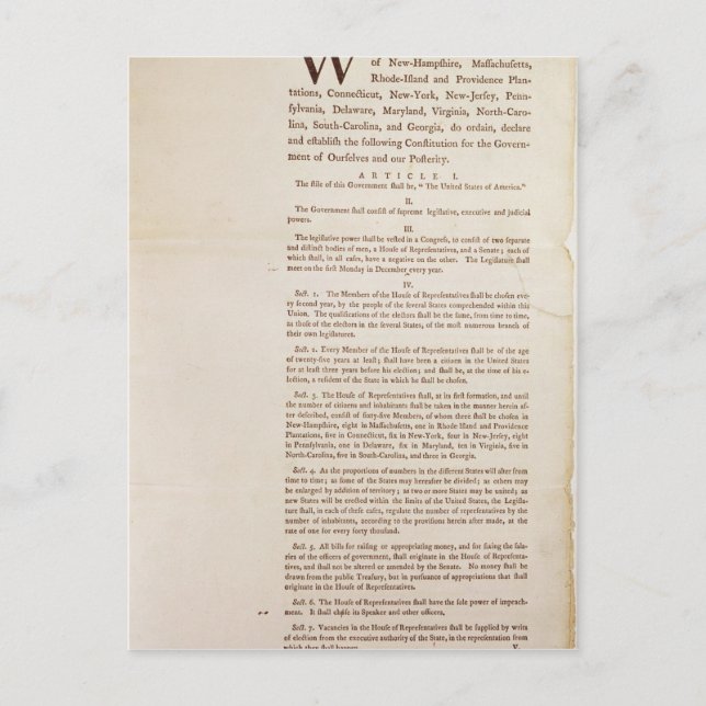 The United States Constitution, 1787 Postcard (Front)