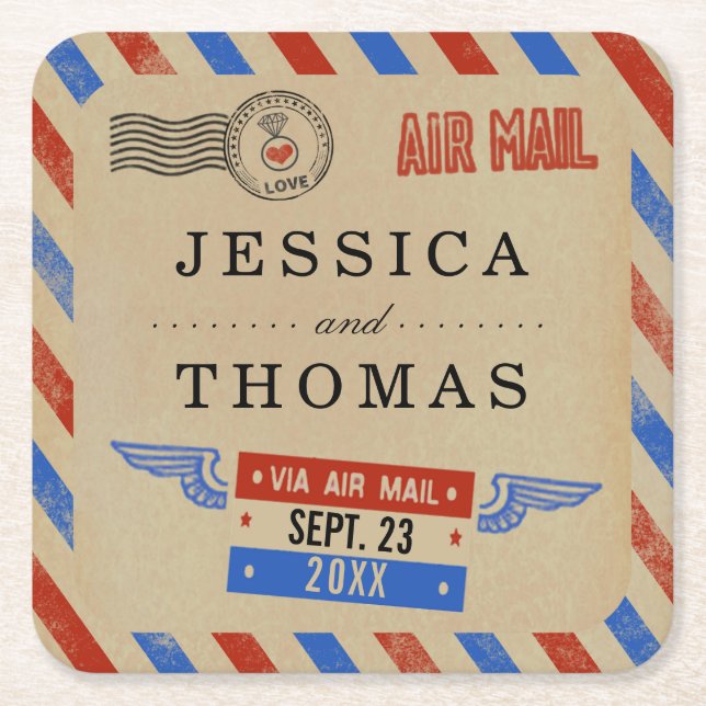 The Vintage Airmail Wedding Collection Square Paper Coaster (Front)