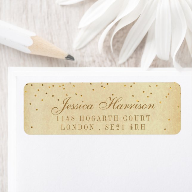 The Vintage Glam Gold Confetti Wedding Collection Label (Insitu)