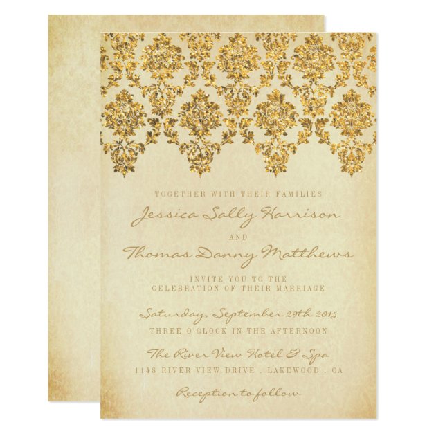 The Vintage Glam Gold Damask Wedding Collection Invitation