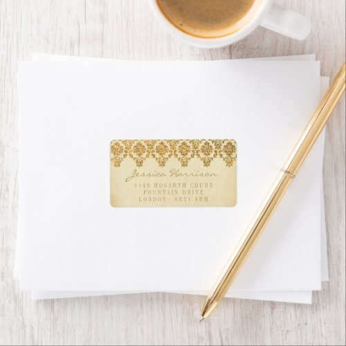 The Vintage Glam Gold Damask Wedding Collection Label