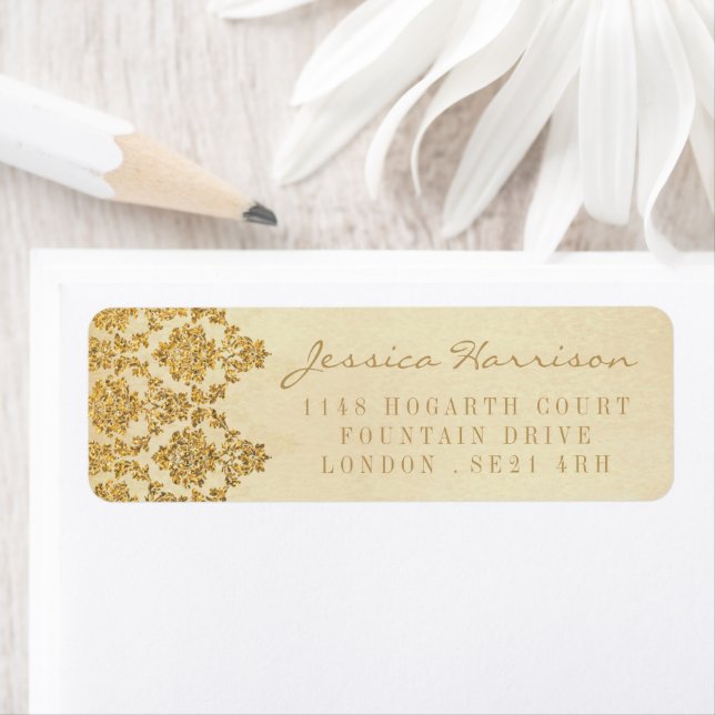 The Vintage Glam Gold Damask Wedding Collection Label (Insitu)