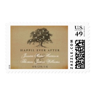 The Vintage Old Oak Tree Wedding Postage Stamps at UniqueRusticWeddingInvitations.com