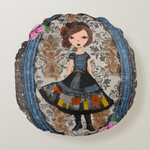 The Violet Paper Doll: A Tale of Plum & Petals Round Pillow