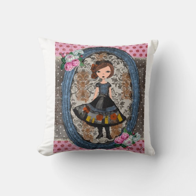 The Violet Paper Doll: A Tale of Plum & Petals Throw Pillow (Front)
