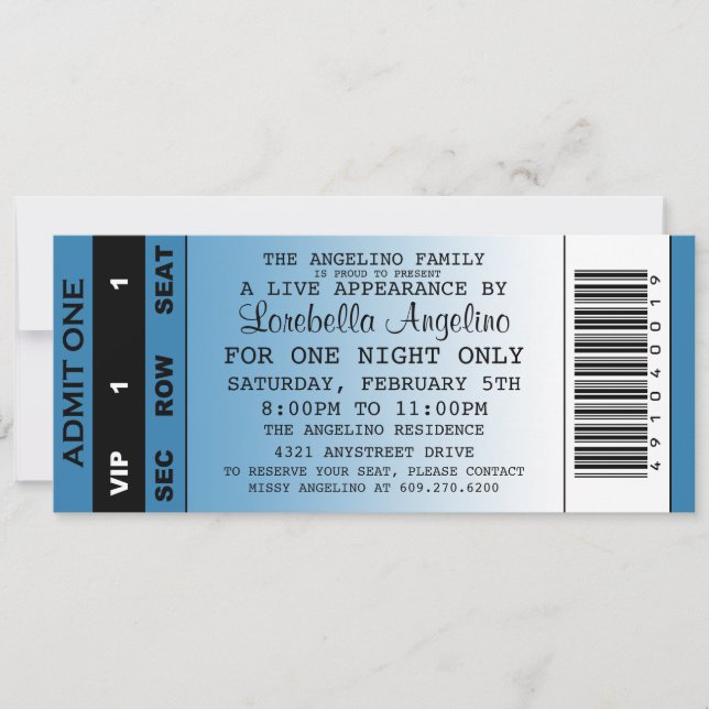 The VIP Ticket Birthday Invitation (Blue) (Front)