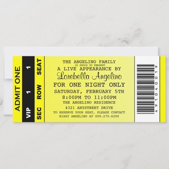 The VIP Ticket Birthday Invitation (Yellow) (Front)