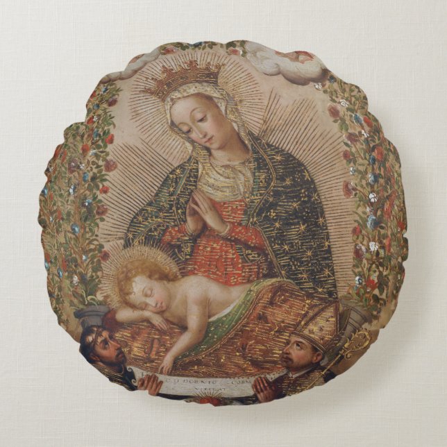 The Virgin Adoring the Christ Child Christmas Round Pillow (Front)