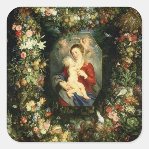 The Virgin and child in a garland of fruit and flo Square Sticker