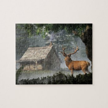 The Visitor - Red Deer And Cabin Jigsaw Puzzle by ArtOfDanielEskridge at Zazzle