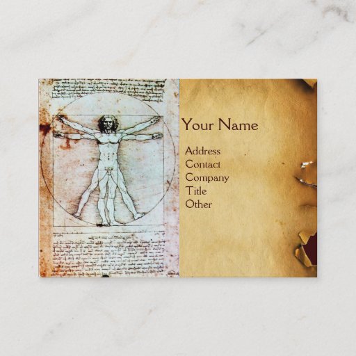 Customizable THE VITRUVIAN MAN , Antique Brown Parchment Business Cards