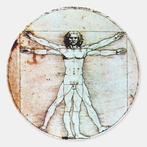 THE VITRUVIAN MAN  Antique Brown Parchment Classic Round Sticker
