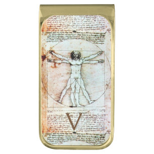 THE VITRUVIAN MAN Antique Parchment Monogram Gold Finish Money Clip