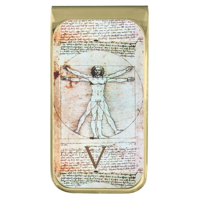 THE VITRUVIAN MAN Antique Parchment Monogram Gold Finish Money Clip (Front Vertical)