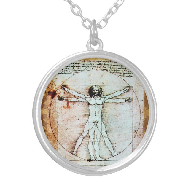 THE VITRUVIAN MAN Antique Parchment Silver Plated Necklace (Front)