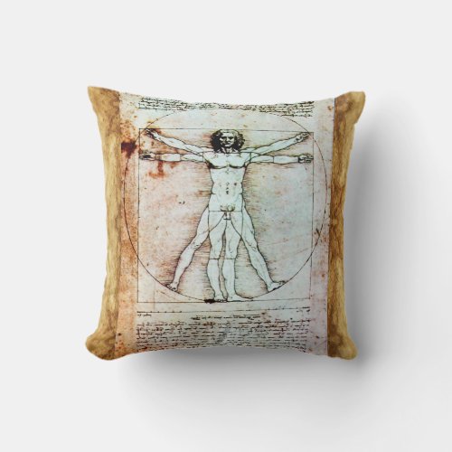 THE VITRUVIAN MAN Antique Parchment Throw Pillow