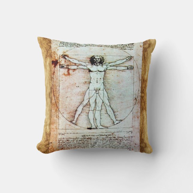 THE VITRUVIAN MAN Antique Parchment Throw Pillow (Front)