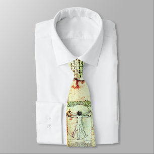 THE VITRUVIAN MAN , Antique White Brown Parchment Neck Tie