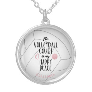 "The volleyball court is my happy place" girly Silver Plated Necklace