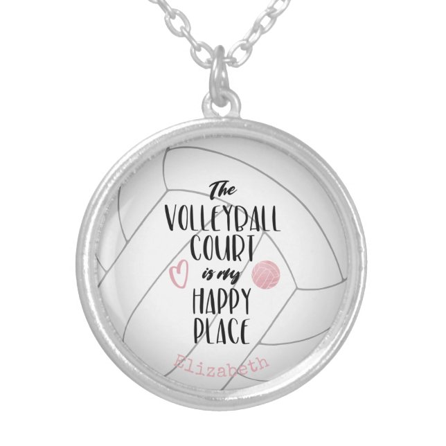 "The volleyball court is my happy place" girly Silver Plated Necklace (Front)