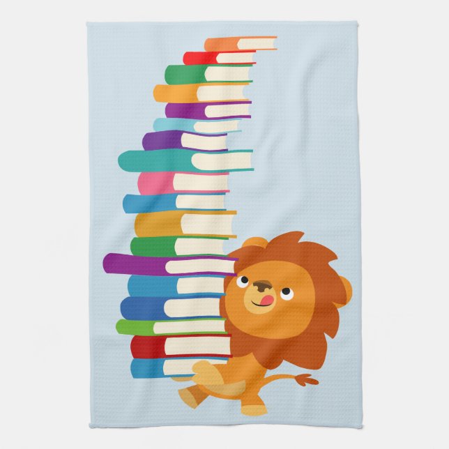 The Voracious Reader (Cute Cartoon Lion) Kitchen Towel (Vertical)