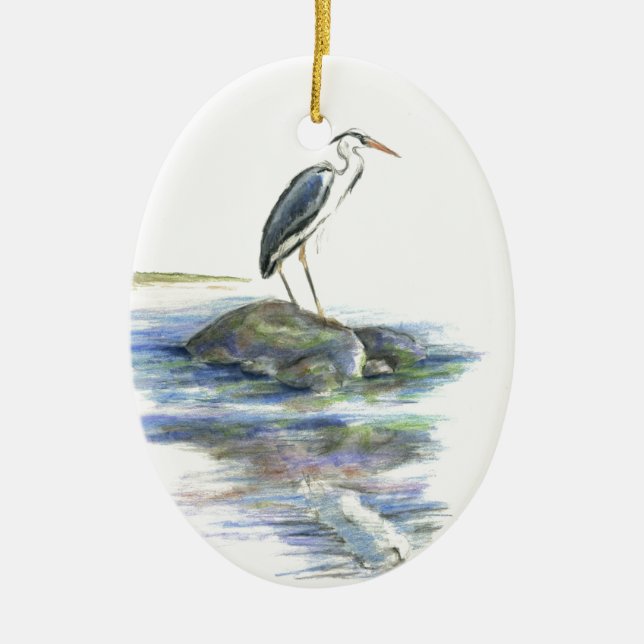 The Wait - Great Blue Heron Ceramic Ornament (Front)