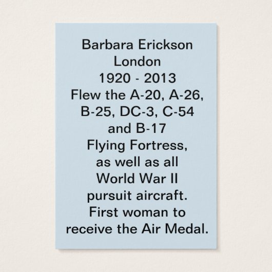 The WASP Barbara Erickson Trading Card (Back)