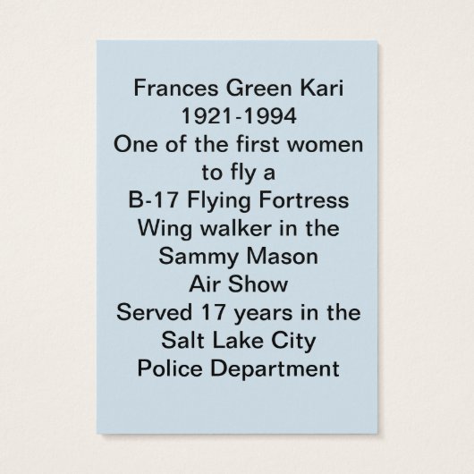 The WASP Frances Green Trading Card (Back)