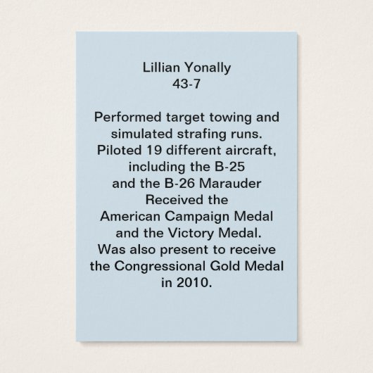 The WASP Lillian Yonally trading card (Back)