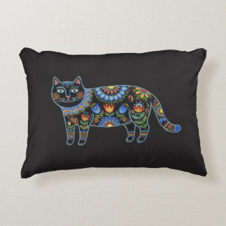 The Watcher in the Parlor: Folk Art Obsidian Cat Accent Pillow