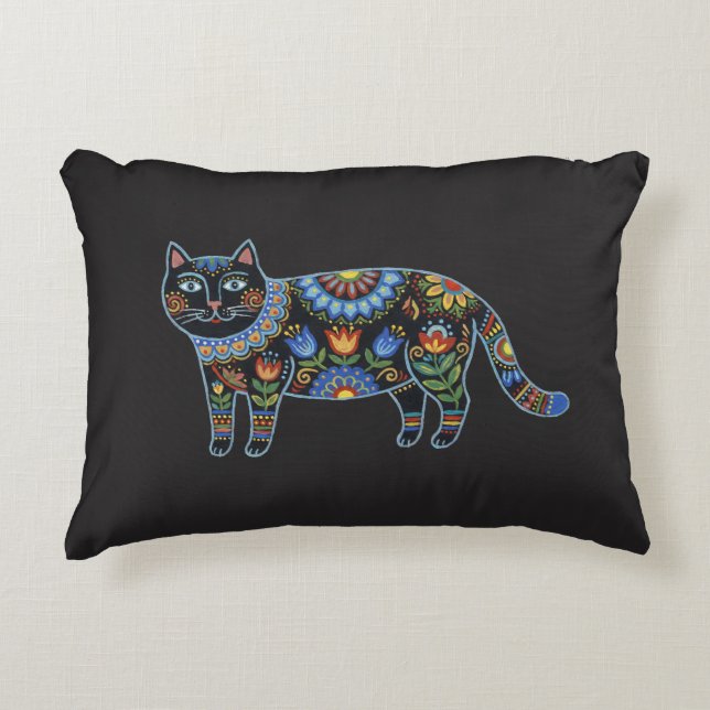 The Watcher in the Parlor: Folk Art Obsidian Cat Accent Pillow (Front)