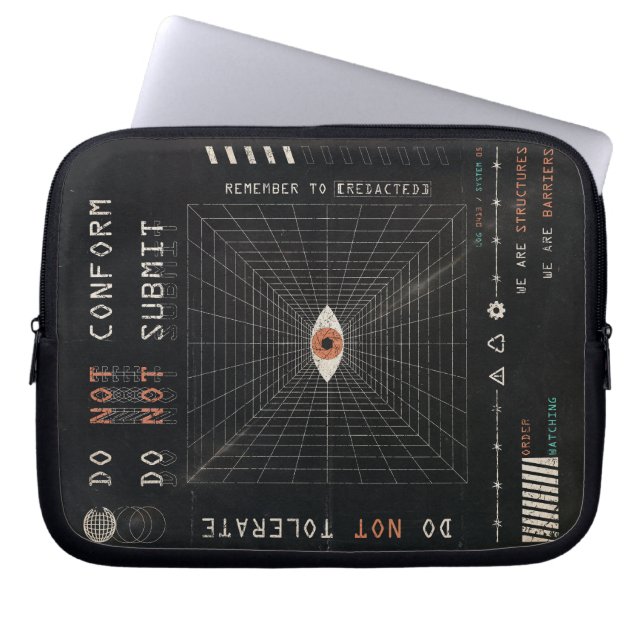 The Watcher - Techno-Brutalist Streetwear Design Laptop Sleeve (Front)