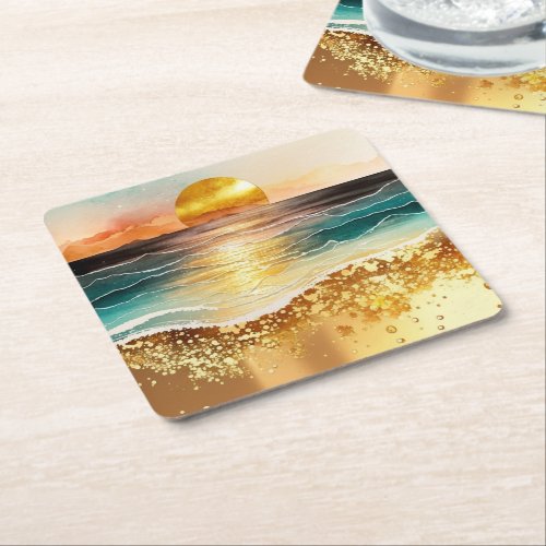The Watercolor Beach Series Design 3 Square Paper Coaster