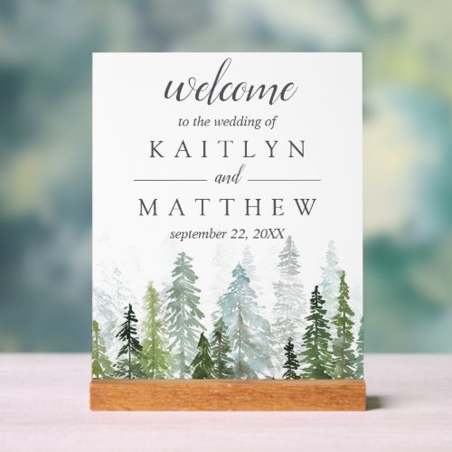 The Watercolor Pine Tree Forest Wedding Collection Acrylic Sign