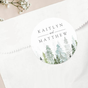 The Watercolor Pine Tree Forest Wedding Collection Classic Round Sticker