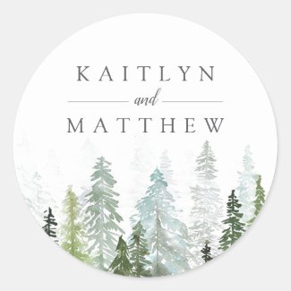 The Watercolor Pine Tree Forest Wedding Collection Classic Round Sticker
