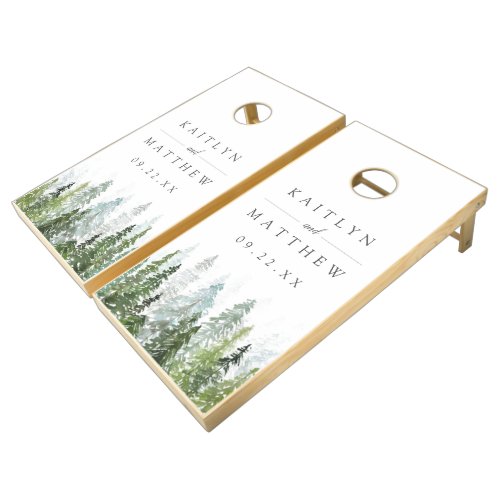The Watercolor Pine Tree Forest Wedding Collection Cornhole Set