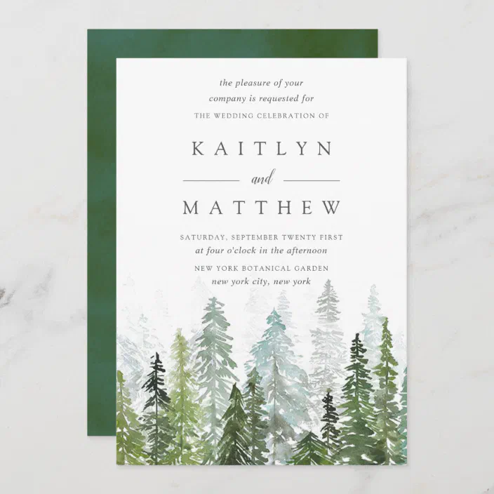 100 Personalized Wedding Invitations Rustic Pine Tree Holiday with Envelopes 