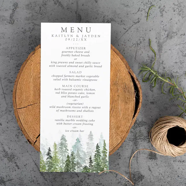 The Watercolor Pine Tree Forest Wedding Collection Menu | Zazzle
