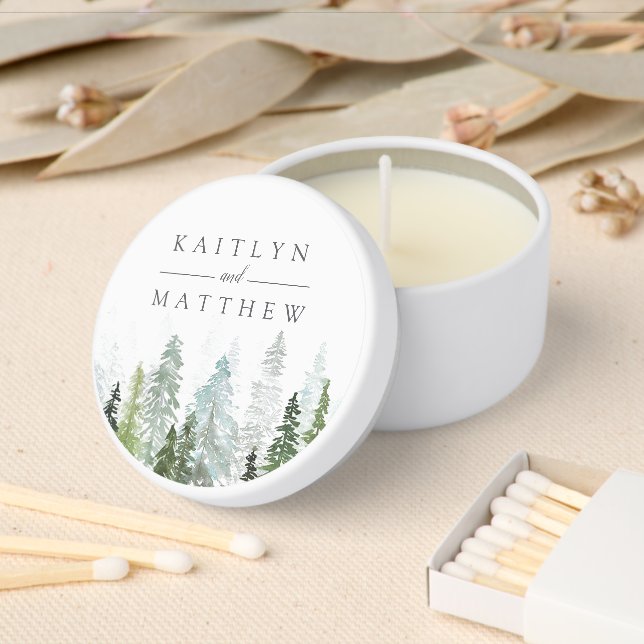 The Watercolor Pine Tree Forest Wedding Collection Mini Candle Favors (Insitu)