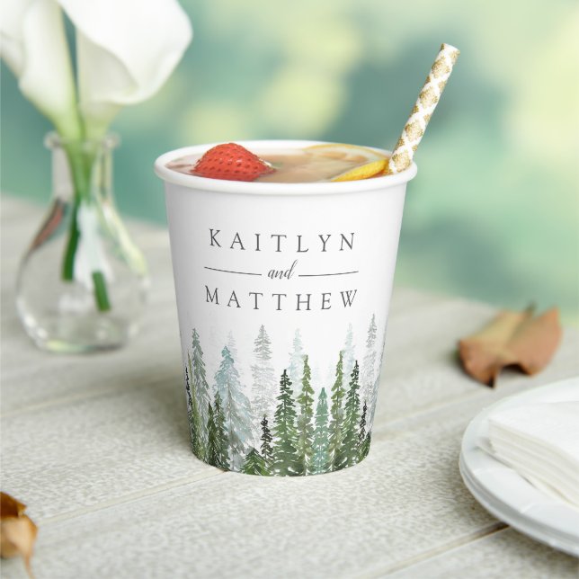 The Watercolor Pine Tree Forest Wedding Collection Paper Cups (Insitu)