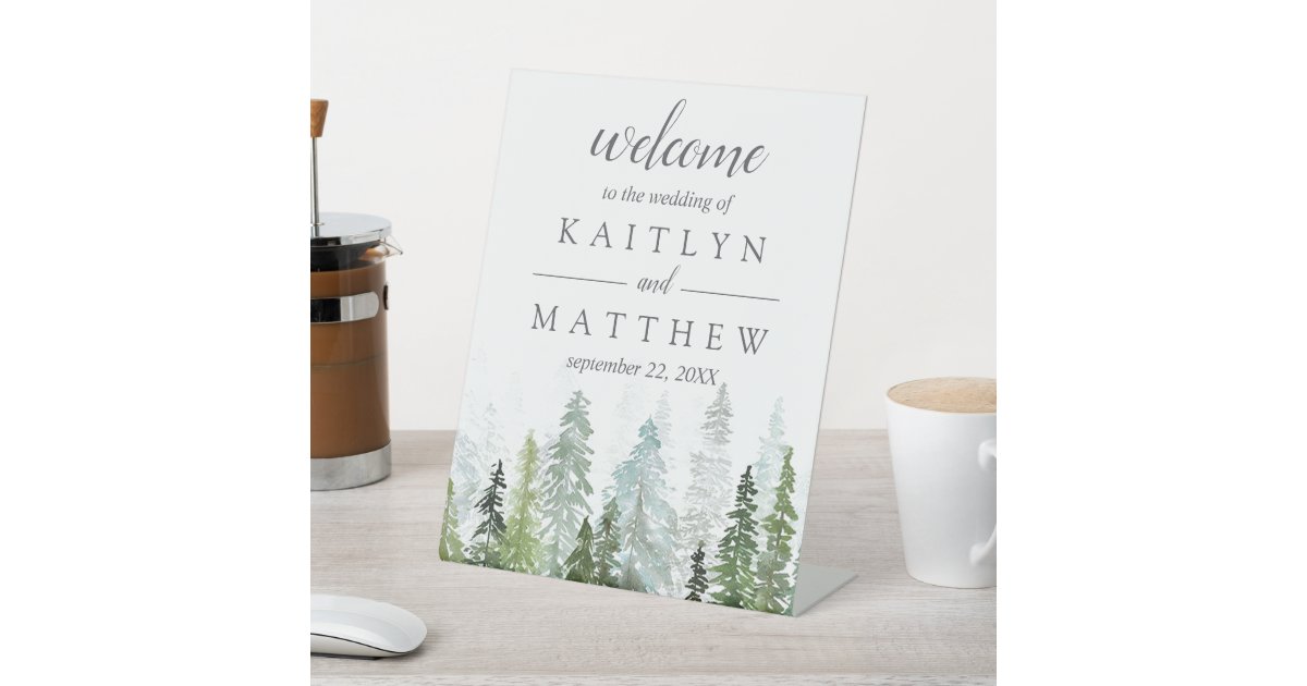 The Watercolor Pine Tree Forest Wedding Collection Pedestal Sign | Zazzle