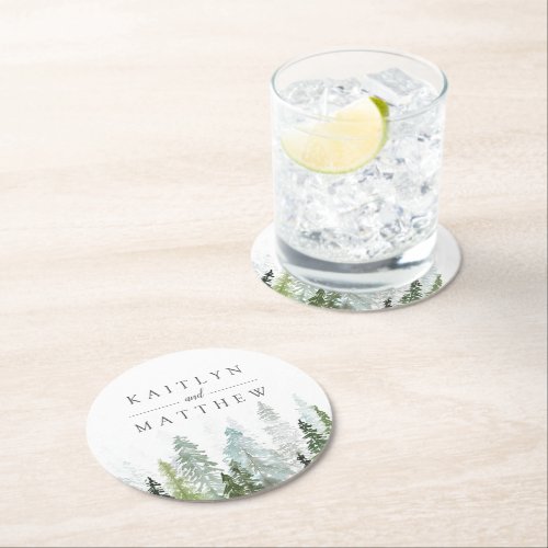 The Watercolor Pine Tree Forest Wedding Collection Round Paper Coaster