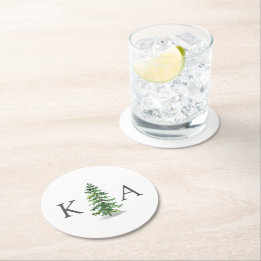 The Watercolor Pine Tree Forest Wedding Collection Round Paper Coaster