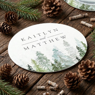 The Watercolor Pine Tree Forest Wedding Collection Round Paper Coaster