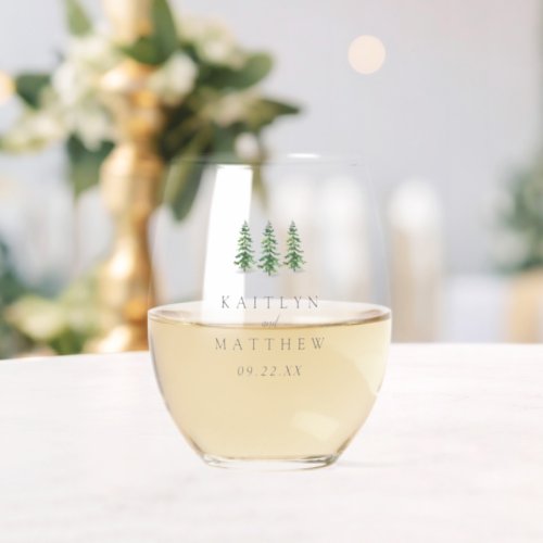 The Watercolor Pine Tree Forest Wedding Collection Stemless Wine Glass